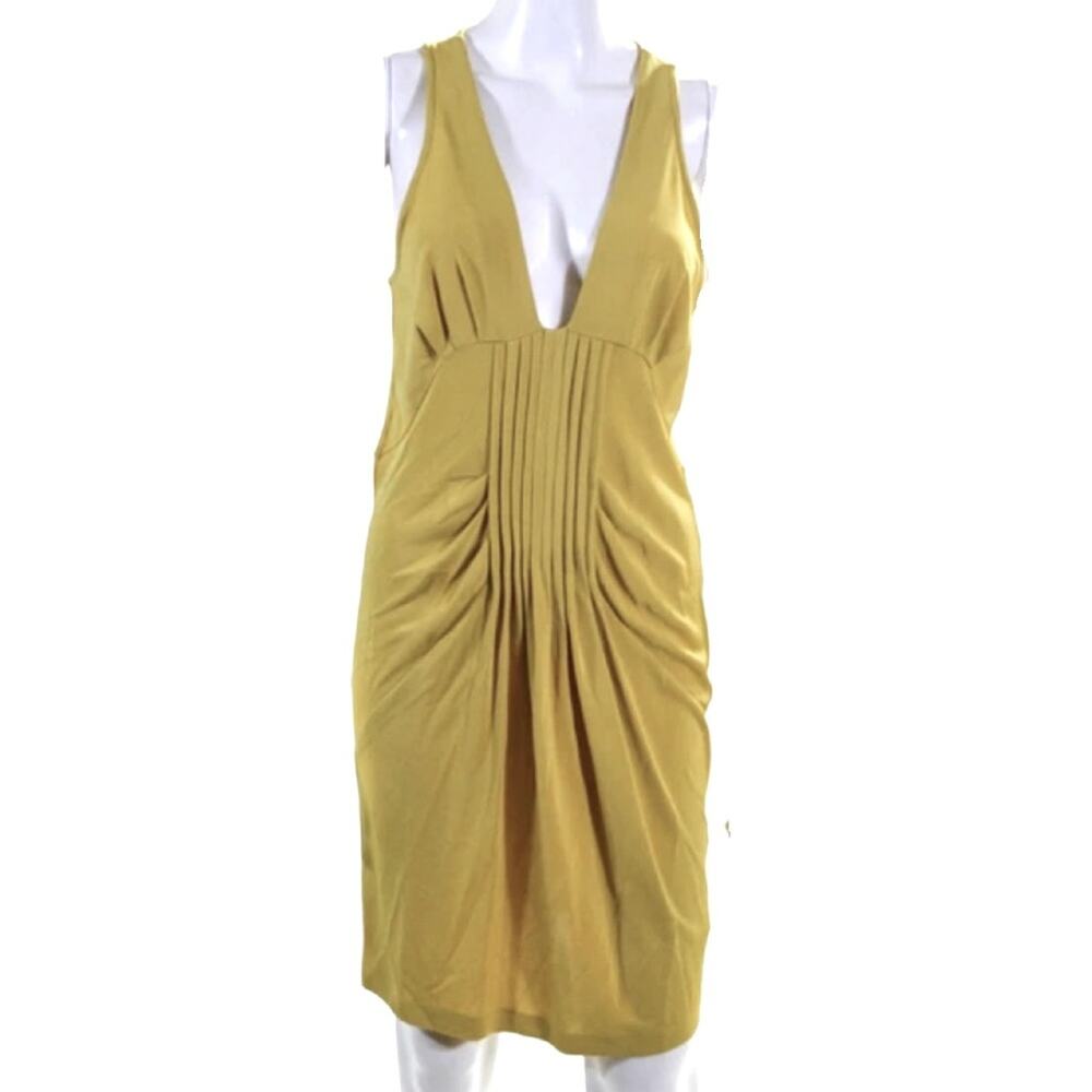 0050 Ali Ro Yellow V-Neck Cocktail Dress Size 8 Slinky Ruched Knee Length - Picture 1 of 8